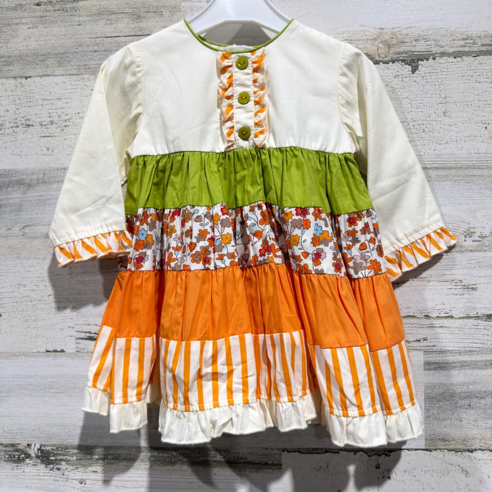 Cotton Kids Dress Girls 12M Orange Green Floral Tiered Boho NWT